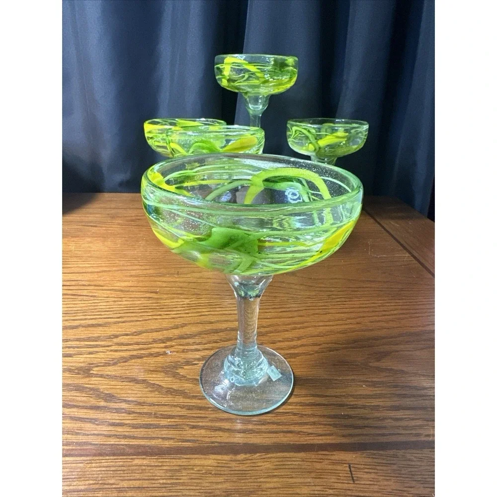 5 Margarita Glasses Hand Blown Recycled Mexican Yellow & Green Drizzle 6.5 